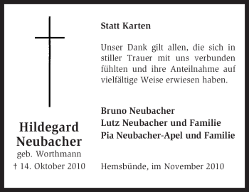 Traueranzeige von Hildegard Neubacher von KREISZEITUNG SYKE