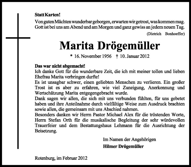  Traueranzeige für Marita Drögemüller vom 11.02.2012 aus KREISZEITUNG SYKE