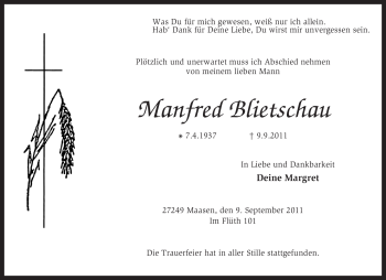 Traueranzeige von Manfred Blietschau von KREISZEITUNG SYKE