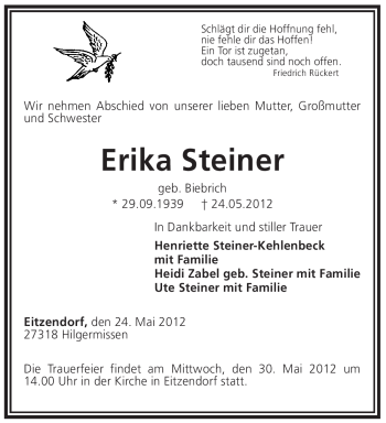 Traueranzeige von Erika Steiner von KREISZEITUNG SYKE