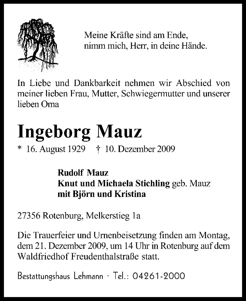  Traueranzeige für Ingeborg Mauz vom 14.12.2009 aus KREISZEITUNG SYKE