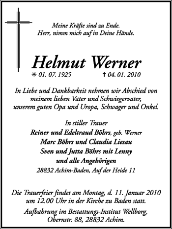 Traueranzeige von Helmut Werner von KREISZEITUNG SYKE