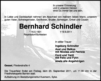 Traueranzeige von Bernhard Schindler von KREISZEITUNG SYKE