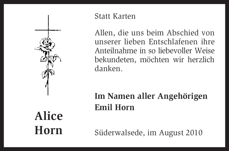  Traueranzeige für Alice Horn vom 21.08.2010 aus KREISZEITUNG SYKE