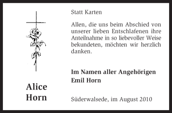 Traueranzeige von Alice Horn von KREISZEITUNG SYKE