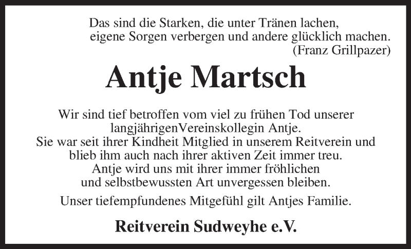  Traueranzeige für Antje Martsch vom 28.01.2015 aus KRZ