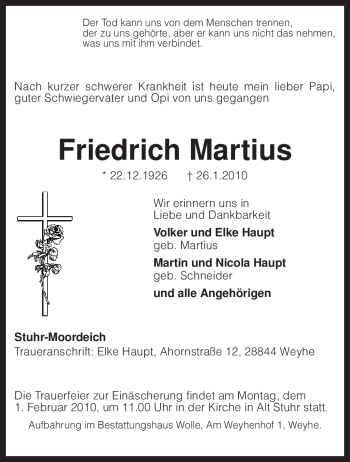 Traueranzeige von Friedrich Martius von KREISZEITUNG SYKE