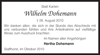 Traueranzeige von Wilhelm Dohemann von KREISZEITUNG SYKE