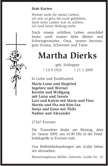 Traueranzeige von Martha Dierks von KREISZEITUNG SYKE