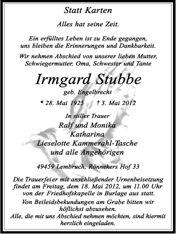 Traueranzeige von Irmgard Stubbe von KREISZEITUNG SYKE