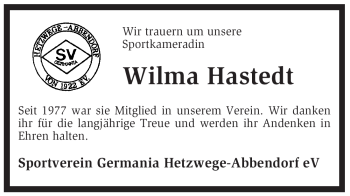 Traueranzeige von Wilma Hastedt von KREISZEITUNG SYKE