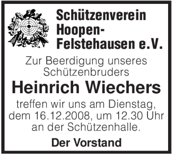 Traueranzeige von Heinrich Wiechers von KREISZEITUNG SYKE