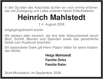 Traueranzeige von Heinrich Mahlstedt von KREISZEITUNG SYKE