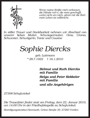 Traueranzeige von Sophie Diercks von KREISZEITUNG SYKE