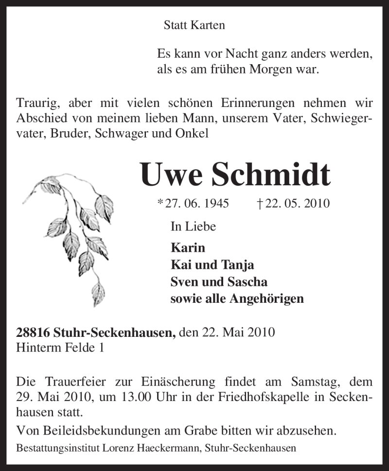  Traueranzeige für Uwe Schmidt vom 25.05.2010 aus KREISZEITUNG SYKE