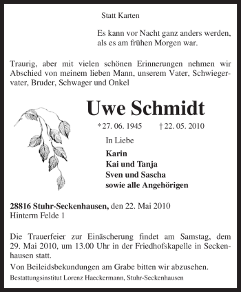 Traueranzeige von Uwe Schmidt von KREISZEITUNG SYKE