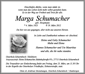 Traueranzeige von Marga Schumacher von KREISZEITUNG SYKE