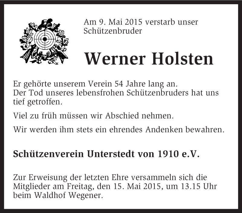  Traueranzeige für Werner Holsten vom 13.05.2015 aus KRZ