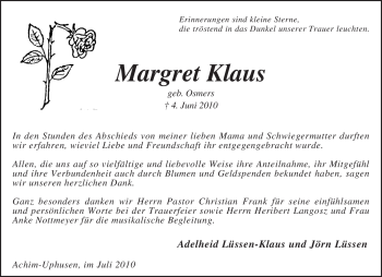 Traueranzeige von Margret Klaus von KREISZEITUNG SYKE