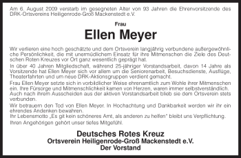 Traueranzeige von Ellen Meyer von KREISZEITUNG SYKE