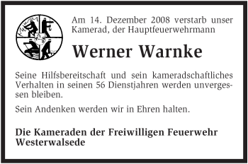 Traueranzeige von Werner Warne von KREISZEITUNG SYKE