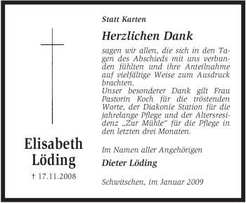 Traueranzeige von Elisabeth Löding von KREISZEITUNG SYKE