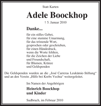 Traueranzeige von Adele Boockhop von KREISZEITUNG SYKE