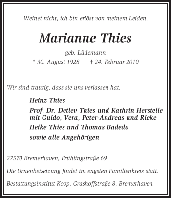 Traueranzeige von Marianne Thies von KREISZEITUNG SYKE