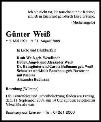 Traueranzeige von Günter Weiß von KREISZEITUNG SYKE