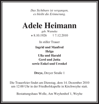 Traueranzeige von Adele Heimann von KREISZEITUNG SYKE