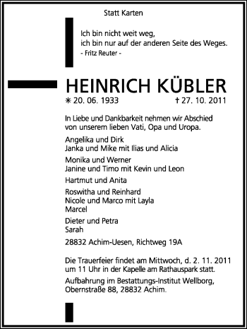 Traueranzeige von Heinrich Kübler von KREISZEITUNG SYKE