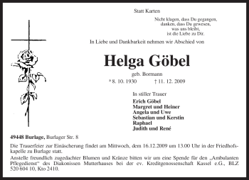 Traueranzeige von Helga Göbel von KREISZEITUNG SYKE