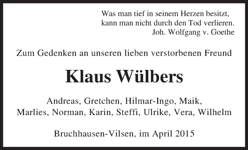  Traueranzeige für Klaus Wülbers vom 18.04.2015 aus KRZ