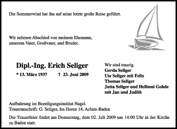 Traueranzeige von Erich Seliger von KREISZEITUNG SYKE