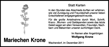 Traueranzeige von Mariechen Krone von KREISZEITUNG SYKE