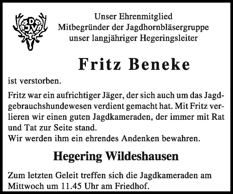  Traueranzeige für Fritz Beneke vom 24.12.2010 aus KREISZEITUNG SYKE