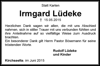 Traueranzeige von Irmgard Lüdeke von KRZ