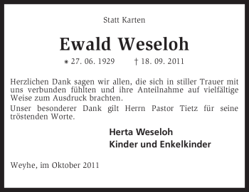 Traueranzeige von Ewald Weseloh von KREISZEITUNG SYKE