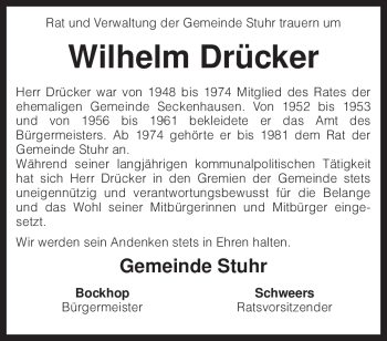 Traueranzeige von Wilhelm Drücker von KREISZEITUNG SYKE