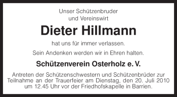 Traueranzeige von Dieter Hillmann von KREISZEITUNG SYKE