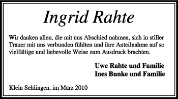 Traueranzeige von Ingrid Rahte von KREISZEITUNG SYKE