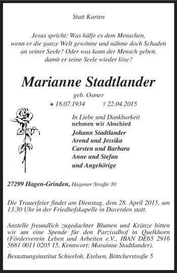 Traueranzeige von Marianne Stadtlander von KRZ