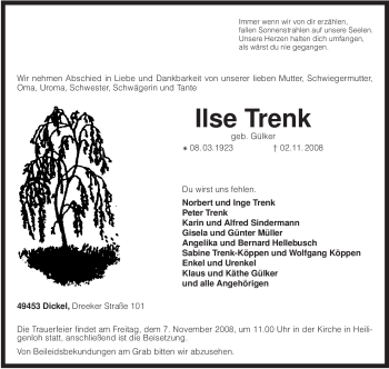 Traueranzeige von Ilse Trenk von KREISZEITUNG SYKE