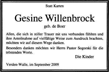 Traueranzeige von Gesine Willenbrock von KREISZEITUNG SYKE