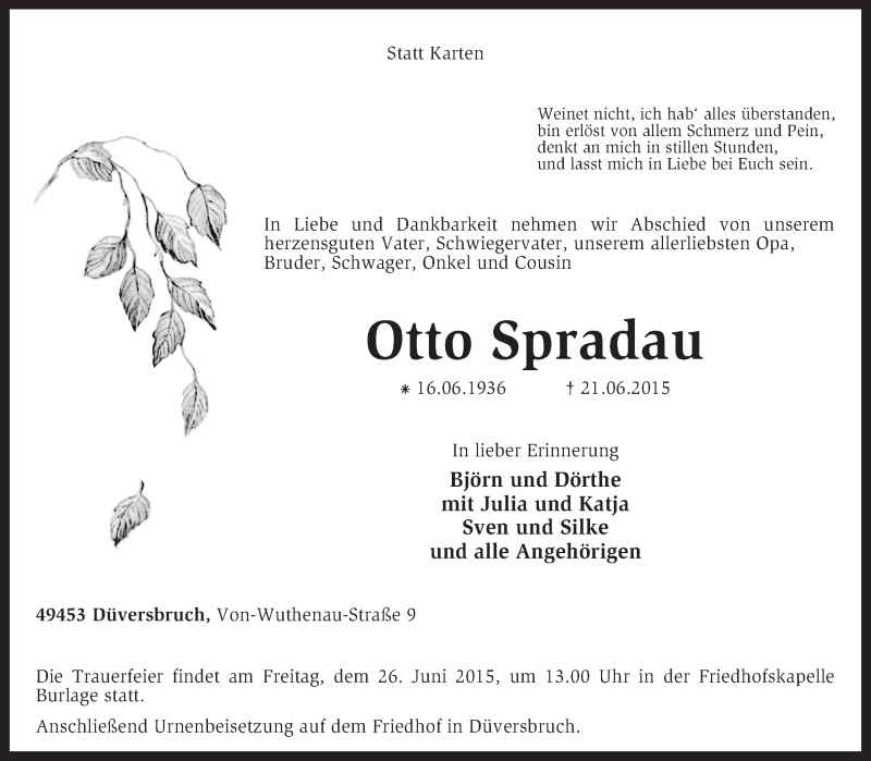  Traueranzeige für Otto Spradau vom 23.06.2015 aus KRZ