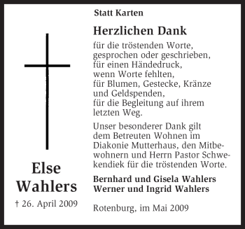Traueranzeige von Else Wahlers von KREISZEITUNG SYKE
