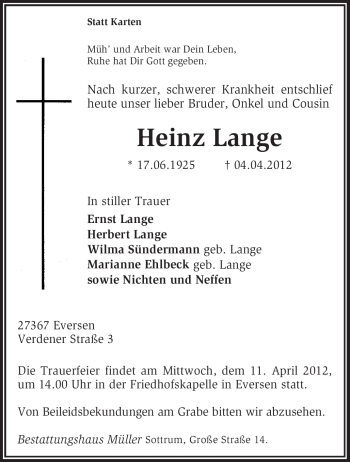 Traueranzeige von Heinz Lange von KREISZEITUNG SYKE