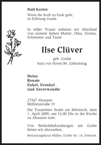 Traueranzeige von Ilse Clüver von KREISZEITUNG SYKE