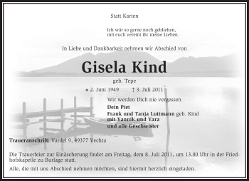 Traueranzeige von Gisela Kind von KREISZEITUNG SYKE