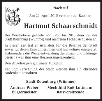 Traueranzeige von Hartmut Schaarschmidt von KRZ